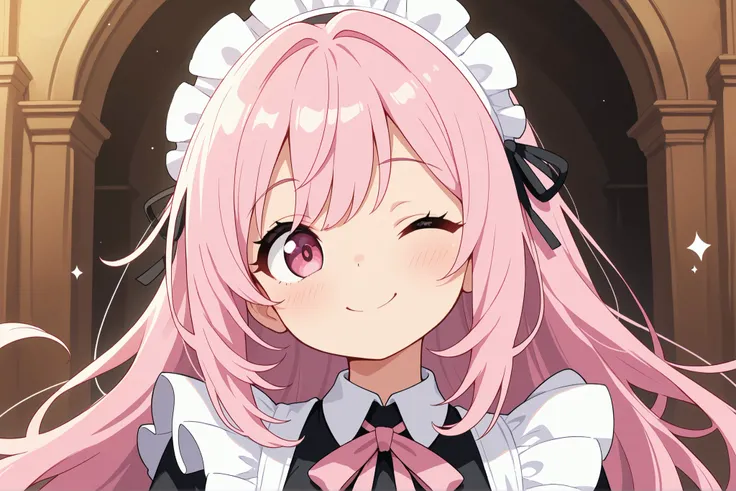 smile, winking, wink, ((Top Quality)), ((Excellent)), (Details), masterpiece, best quality, UHD, (((Best quality, 8k, Masterpiece: 1.3)), ((best quality)), ((masterpiece)), (detailed), perfect face, A maid girl with long pink hair, she looks at me, smile, ...