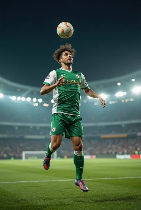 is a professional football star named "The field eagle", green and white shirt, short wavy hair, insight, jumping high to hit the ball in the head, the background of a lighted night field, dynamic motion picture