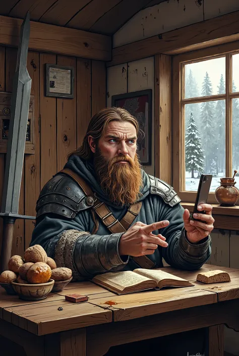 Ilya Muromets, an ancient Russian hero, sits at a wooden table in a modest peasant hut. His powerful figure, clad in a worn homespun shirt, seems too big for this simple dwelling. His legendary mace lies nearby, covered in dust, and his heavy armor hangs o...