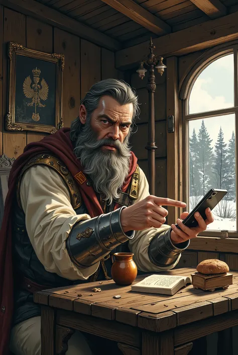 Ilya Muromets, an ancient Russian hero, sits at a wooden table in a modest peasant hut. His powerful figure, clad in a worn homespun shirt, seems too big for this simple dwelling. His legendary mace lies nearby, covered in dust, and his heavy armor hangs o...