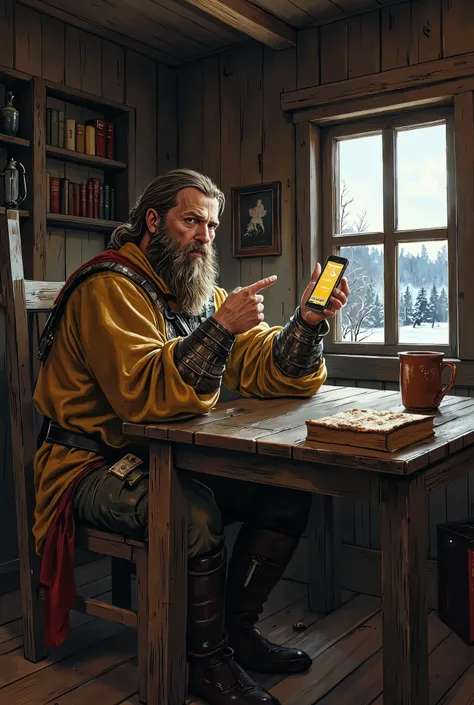 Ilya Muromets, an ancient Russian hero, sits at a wooden table in a modest peasant hut. His powerful figure, clad in a worn homespun shirt, seems too big for this simple dwelling. His legendary mace lies nearby, covered in dust, and his heavy armor hangs o...