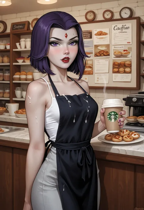 rachel roth, colored skin, grey skin, purple hair, medium hair, forehead jewel, purple eyes, small breast, huge hips, dark red lips.|  the owner of a retro cafe. She is wearing a casual apron and making a latte. The shop is decorated with souvenirs she col...