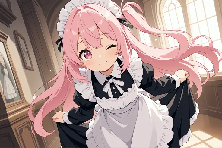 smile, winking, wink, ((Top Quality)), ((Excellent)), (Details), masterpiece, best quality, UHD, (((Best quality, 8k, Masterpiece: 1.3)), ((best quality)), ((masterpiece)), (detailed), perfect face, A maid girl with long pink hair, she looks at me, smile, ...