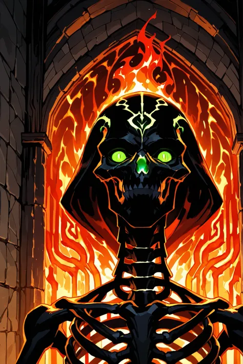 Bone naga, giant skeletal cobra, glowing green eyes, ominous temple, red torch’s, arcane symbols on walls, dungeons and dragons, fantasy art, close up, npc