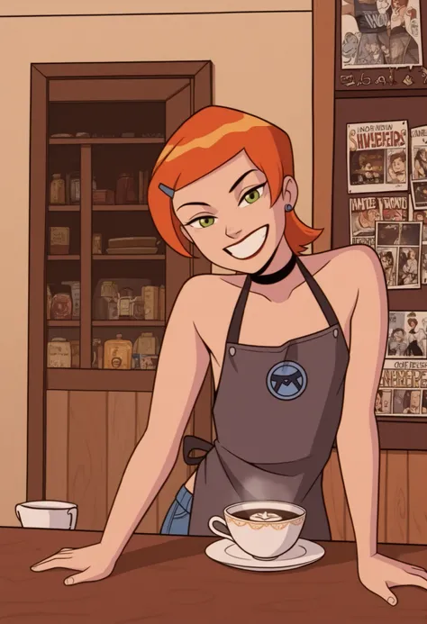 Gwen Tennyson . ginger . short hair . green eyes . flat breasts, flat chest, huge hips . slim body . choker . |   the owner of a retro cafe. She is wearing a casual apron and making a latte. The shop is decorated with souvenirs she collected from traveling...