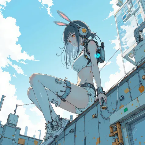Cyborg Girl Nude、 mechanical body 、video、Picturesque posture on the roof of a skyscraper、cyberpunk style itself、Extreme Perspective、perspective、low position、Low Angle、wide-angle lens with broad skin、soft、light、lightweight、Dutch angle、Flat Anime、