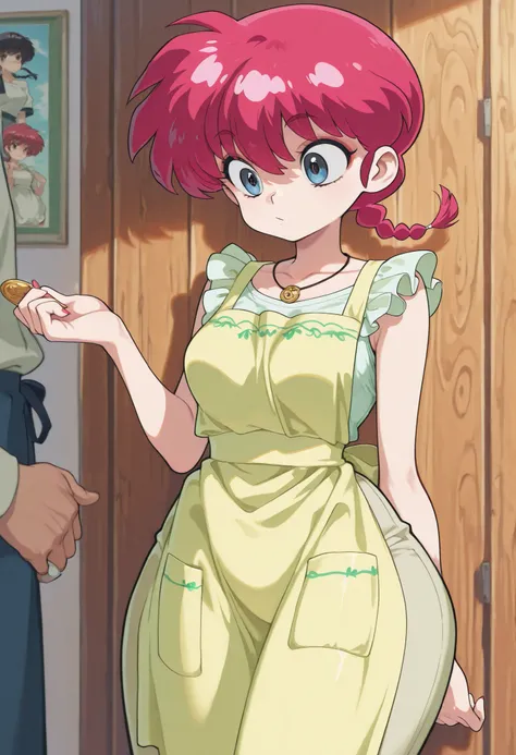 safe_pos, Ranma Saotome. red hair. pigtail. blue eyes. braid. small breasts. huge hips. necklace. black eyeliner. pink manicure. | the owner of a retro cafe. She is wearing a casual apron and making a latte. The shop is decorated with souvenirs she collec...