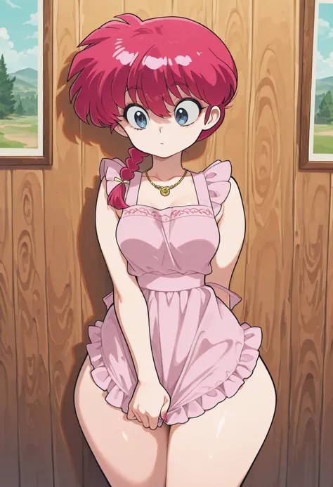 safe_pos, Ranma Saotome. red hair. pigtail. blue eyes. braid. small breasts. huge hips. necklace. black eyeliner. pink manicure. | the owner of a retro cafe. She is wearing a casual apron and making a latte. The shop is decorated with souvenirs she collec...