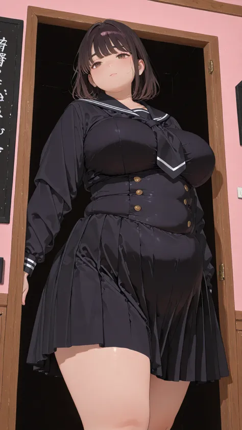 Shelley Gee, (masterpiece, Highest Quality, high resolution: 1.2), , Alone, brown eyes、Solve the Problem、Super Big Breasts、big waist、 Cylindrical 、No Expression、 jet black background 、dark hair、Obese 、bang、plump body、
Moving Pose、big breasts、(chubby ...