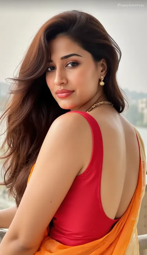 Fit, Orange transparent saree, Tight on breast Red glossy strapless blouse,VEIL, Big lips, full body picture , Moaning facial expressions,Mouth slightly open and expression like moaning,Bindi on forehead,BBW Wet curvy, wet Desi woman showing her big ass  i...