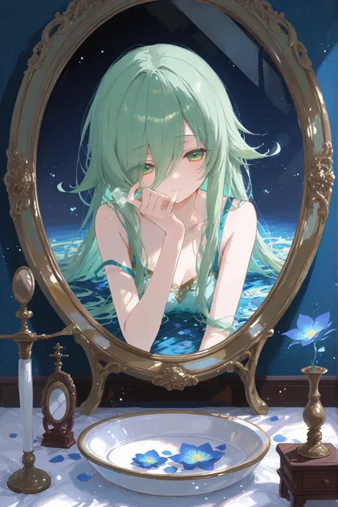 High quality pictures、Girl Facing the Mirror、Ephemeral Profile、Bedroom at dusk、large antique mirror、figure of a boy floating on a mirror surface、Two Intersecting Shadows、Clear Particles of Light、Flickering air、 Quiet Moments 、Deep Blue World View、with a se...