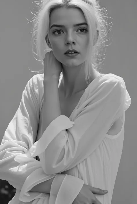 Portrait inspired by Peter Lindbergh's photographic style. Portrait in monochrome captures a girl in a contemplative pose. She has dark brown eyes and a sensual expression. Her long white hair is styled messily yet elegantly. She wears an open soft, billow...