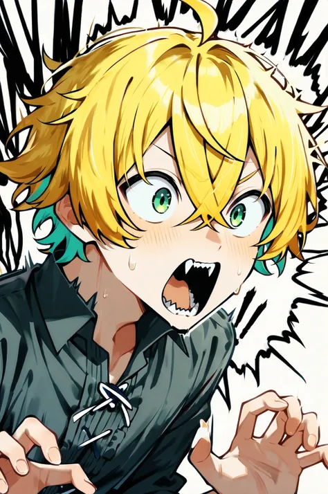 ((solo)), ((one boy)), short hair, blonde hair, green inner hair, green eyes, black shirt, collard shirt, ahoge, ((hairs between eyes, crossed bangs:1.3)), sharp tooth, white background, open mouth, ((surprised)), ((screaming)), ((panicking)), ((scared)), ...