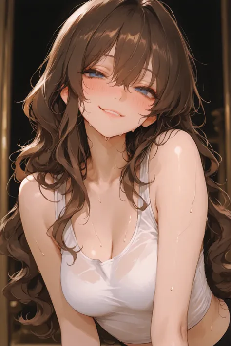 748cmstyle,masterpiece,newest,absurdes,1girl,solo,long hair,wavy hair,brown hair,blue eyes, white tanktop,slightly sweat, faced viewer, looking at viewer, blush, adore gaze, sly smile, breasts, medium breasts, (((romanthic theme))), (beauty : 1 . 2), (ad...