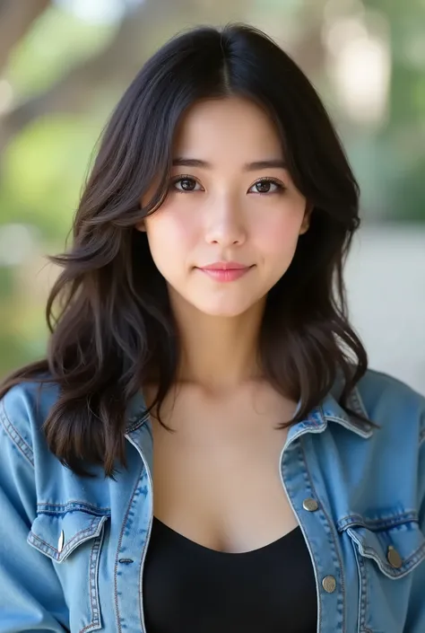 "realistic portrait of a fictional young adult with fair and even skin, soft and symmetrical features. She has a slightly elongated oval face, full and slightly arched eyebrows, light brown almond-shaped eyes with natural shine, Straight and proportional n...