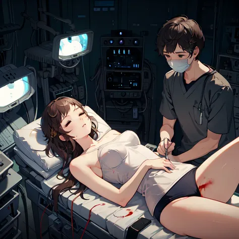 masterpiece,best quality,highly detailed,1girl,1boy,2boys,multiple boys,exhausted,sick,sleeping,closed eyes,
 1girl wearing a black gymnastics bloomers,lying,high leg,self wedgie,long hair,brown hair,braid,brown eyes,bare shoulders,
BREAK
lying,on back,sur...