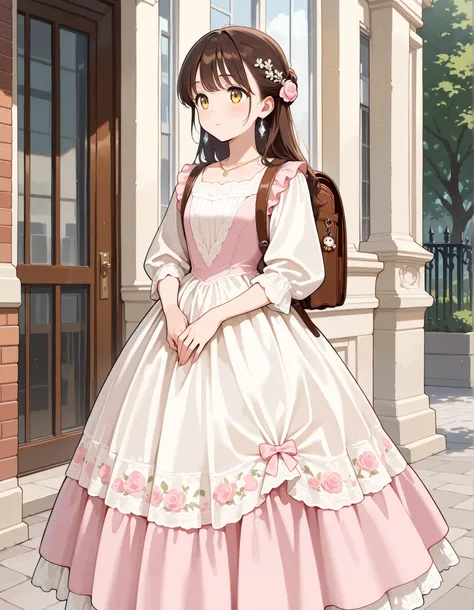 Masterpiece, hd, best quality, solo, yellow eyes, there is a girl standing in a dress, wearing pink floral dress, victorian dress, luxury dress, beautiful white, brown hair, wearing a white dress, dressed in a white dress, Traditional Attire, bowtie, neckl...