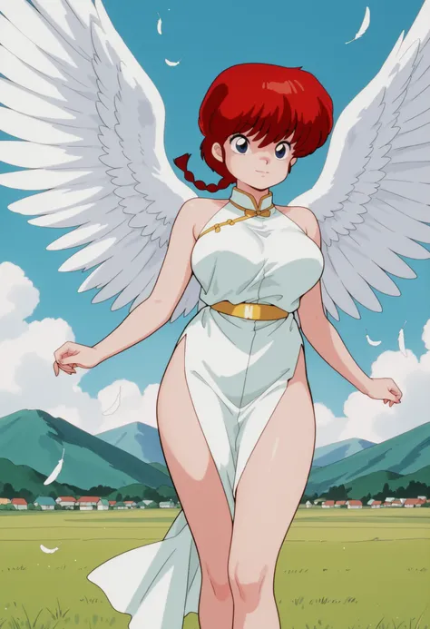  Ranma saotome  , cabello rojo, braided hair, blue eyes, Big breasts, NSFW, soft breasts, sexy waist,  sexy hips, white dress, short pelvic window, bare thighs, gold belt, woman with white angel wings, Beautiful angel, gesture of kindness, standing, outdoo...