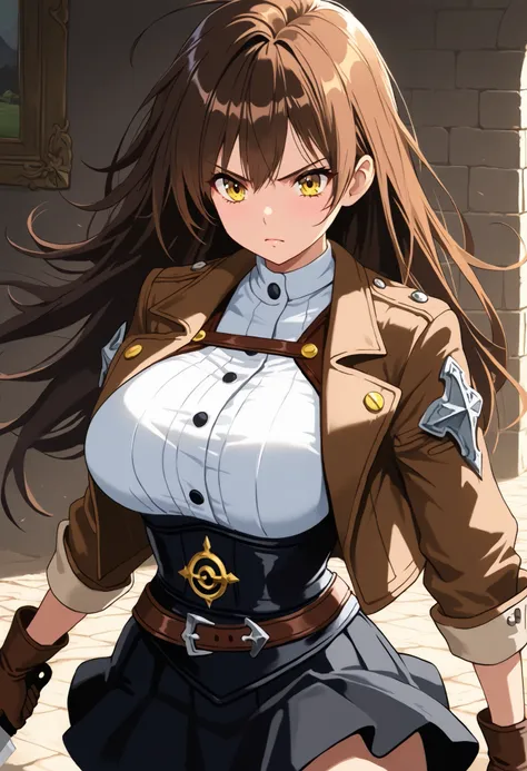 high quality,masterpiece,Detailed description,solo, Anime Painting,Short Height,younger,brown hair,Yellow Eyes,Long Hair,brown jacket ,big breasts,fantasy clothes,white miniskirt,white shirt,brown gloves,Serious Expression,get angry,Cowboy Shots,Holding a ...
