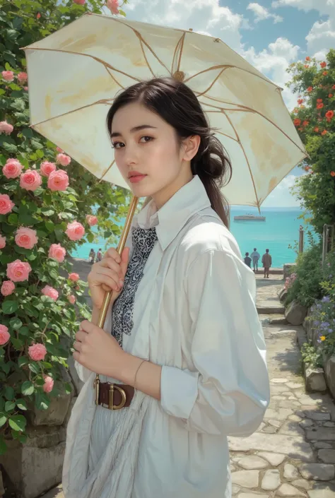 (best quality, 4k, highres, masterpiece:1.2) , ultra-detailed, (realistic, photorealistic:1.37), A photorealistic portrait of an elegant young woman standing, She is having a Sun Umbrella for Women, Claude Monet Scenery Excellent Quality、4K resolution、supe...