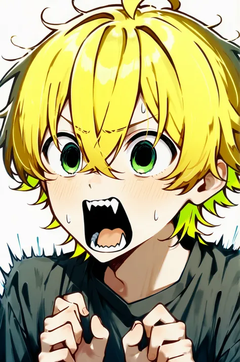 ((solo)), ((one boy)), short hair, blonde hair, green inner hair, green eyes, (hollow eyes), black shirt, collard shirt, ahoge, ((hairs between eyes, crossed bangs:1.3)), sharp tooth, white background, open mouth, ((surprised)), ((screaming)), ((panicking:...