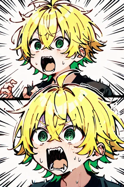 ((solo)), ((one boy)), short hair, blonde hair, green inner hair, green eyes, hollow eyes, (@_@), black shirt, collard shirt, ahoge, ((hairs between eyes, crossed bangs:1.3)), sharp tooth, white background, open mouth, ((surprised)), ((screaming)), ((panic...