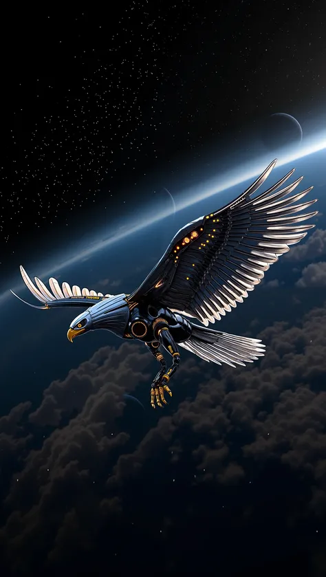 Ultra-realistic, hyper-detailed robotic eagle soaring through space, metallic feathers reflecting cosmic light, glowing mechanical joints, wings spread wide, dramatic lighting, surrounded by stars, nebula clouds, and distant planets, cinematic perspective,...