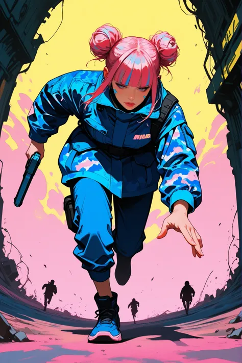 m0eb0s,flat color, sinozick style,cyberpunk,(1 girl), a girl wearing vivid-colored camouflage military coat, (pink, yellow, blue wear), workpants, (beautiful face), (realistic face: 1.2), pink hair, double bun hair, blunt bangs, running, dash, holging a gu...