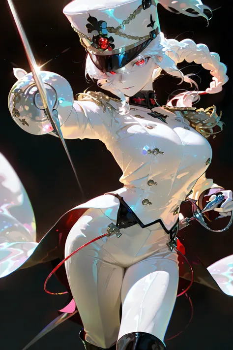 highres, very detailed, amazing quality, masterpiece,very aesthetic,glitter, particle effect,1girl, solo，real style, beautiful eyes, mature face, pale skin, double braided ponytail, red eyes, white hair, rapier, shako, epaulettes, tailcoat, white pants, bl...