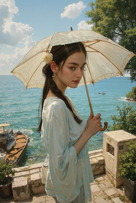 (best quality, 4k, highres, masterpiece:1.2) , ultra-detailed, (realistic, photorealistic:1.37), A photorealistic portrait of an elegant young woman standing, She is having a Sun Umbrella for Women, Claude Monet Scenery Excellent Quality、4K resolution、supe...