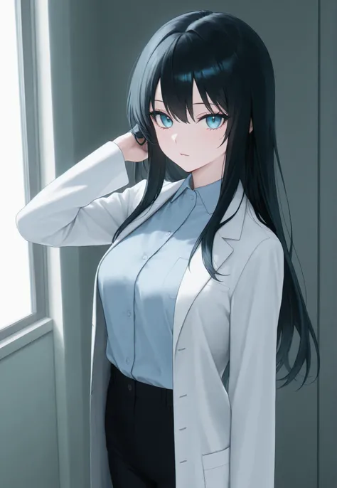 masterpiece, newest, best resolution, good quality, good lighting, safe. beautiful, adult, anime, good anatomy, . long hair, hair . pale blue eyes, dark eyelashes, piel clara, slim build, Medium Breasts Size D. she is 25 years old, measures 1'65 cm. Alone,...