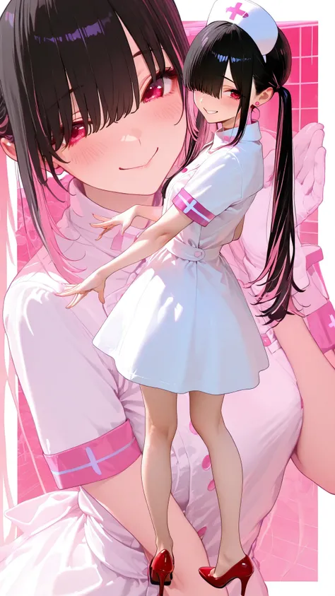 2 angles, zoom layer,upper body, full body, [from side], facing back,perfect eyes,Jewelry eyes,(perfect hands), A cheerful anime-style,Theme: black hair with thin pink highlights, long twintails,hair over eye, cute Japanese teen age, smile face. Costume: W...