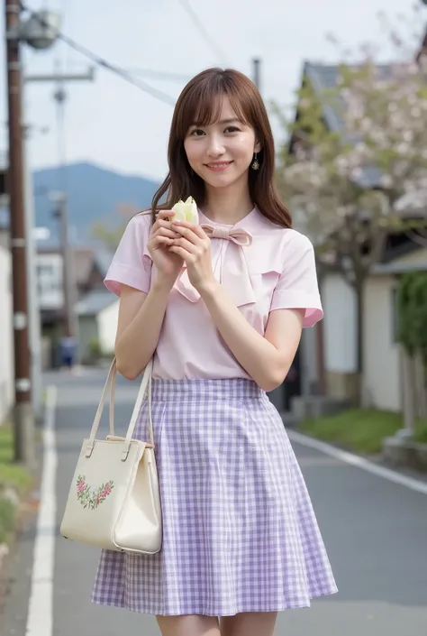 A realistic photo of a young woman standing on a quiet Japanese street corner in spring daylight. She wears a pastel pink short-sleeved blouse with a large satin bow tied at the back, paired with a high-waisted, lavender-and-white gingham A-line skirt that...