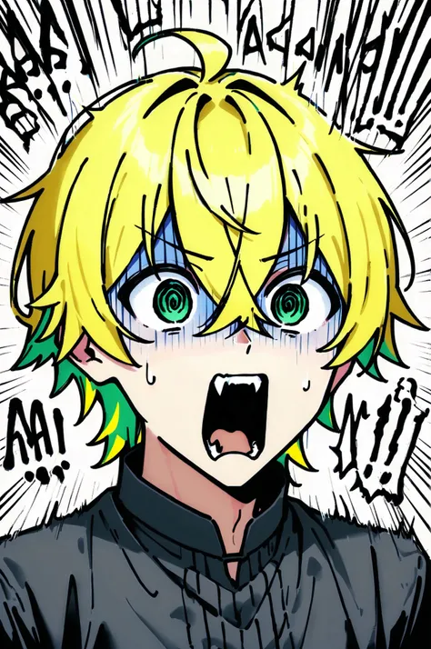 ((solo)), ((one boy)), short hair, blonde hair, green inner hair, green eyes, hollow eyes, (@_@), black shirt, collard shirt, ahoge, ((hairs between eyes, crossed bangs:1.3)), sharp tooth, white background, open mouth, ((surprised)), ((screaming)), ((panic...