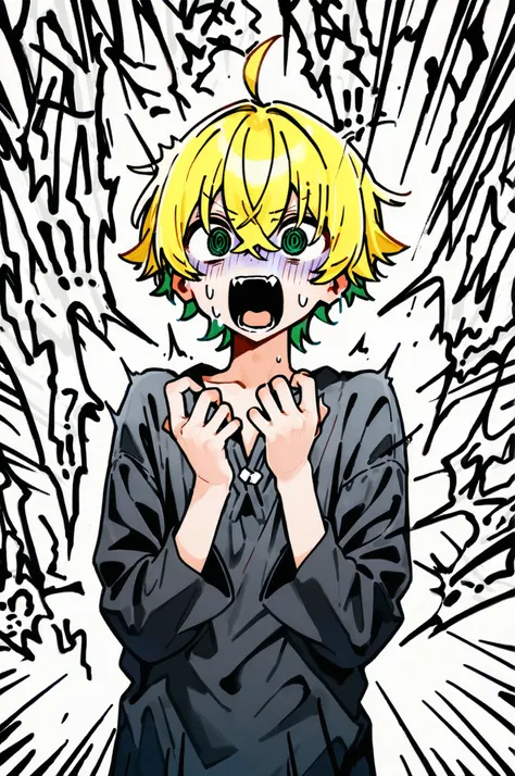 ((solo)), ((one boy)), short hair, blonde hair, green inner hair, green eyes, hollow eyes, (@_@), black shirt, collard shirt, ahoge, ((hairs between eyes, crossed bangs:1.3)), sharp tooth, white background, open mouth, ((surprised)), ((screaming)), ((panic...