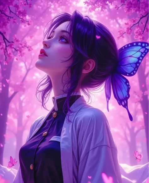 hyper-realistic cosplay,purple eyes,Image is a digital illustration featuring Shinobu Kochuu, an anime-style character in profile view, gazing upwards. She has fair skin and purple eyes, with dark hair tied back, adorned with a large blue butterfly accesso...