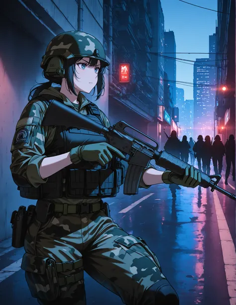 A female soldier with black hair, dressed in urban camouflage gear and wearing a tactical vest and helmet, aims an M16A2 rifle down a city street. The background features tall buildings and an urban setting. The soldier is wearing green gloves and appears ...