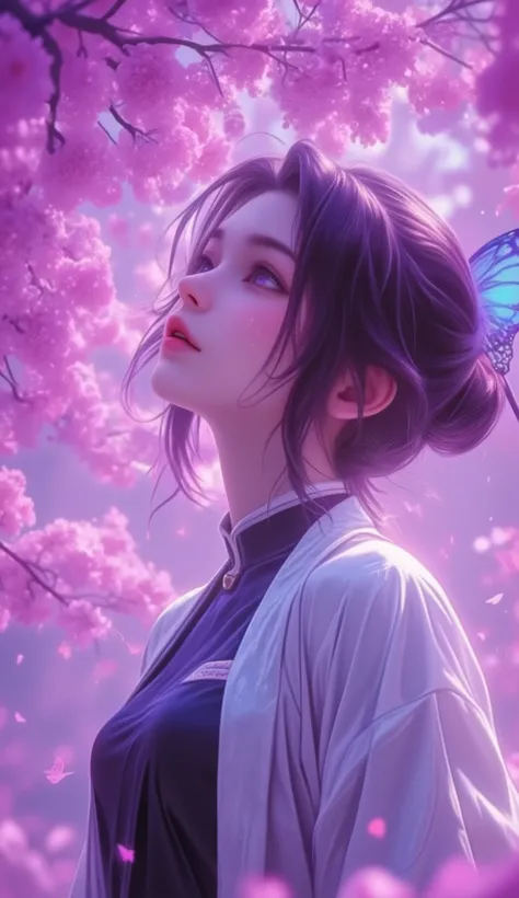 hyper-realistic cosplay,purple eyes,Image is a digital illustration featuring Shinobu Kochuu, an anime-style character in profile view, gazing upwards. She has fair skin and purple eyes, with dark hair tied back, adorned with a large blue butterfly accesso...