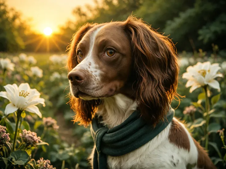 smiling (springer spaniel dog) sitting in a dark green scarf. Set against an Victorian backdrop that is covered in flowers. springer_spaniel, dog, looking at viewer, head tilt, thick tail, (brown fur), tall, paws, sunset, warm lighting, dynamic angle, dram...