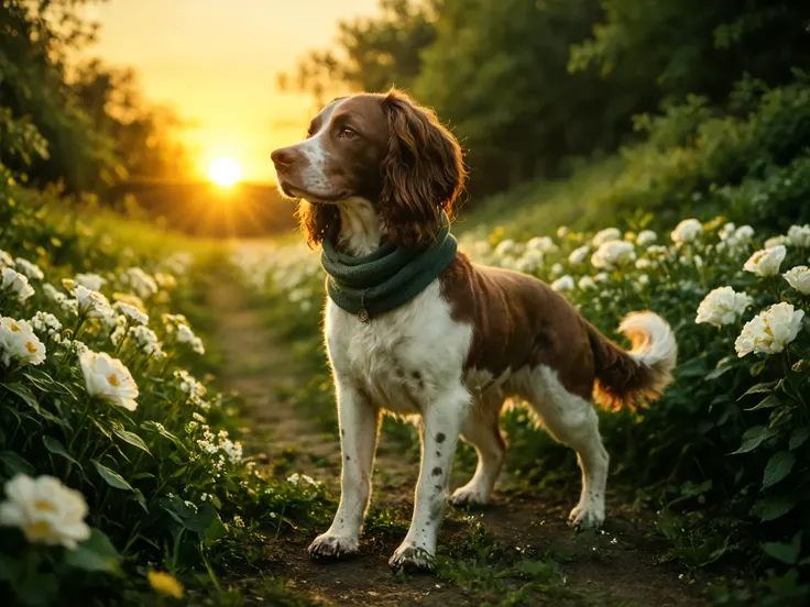 smiling (springer spaniel dog) sitting in a dark green scarf. Set against an Victorian backdrop that is covered in flowers. springer_spaniel, dog, thick tail, (brown fur), tall, paws, sunset, warm lighting, dynamic angle, dramatic lighting, rim light, clos...