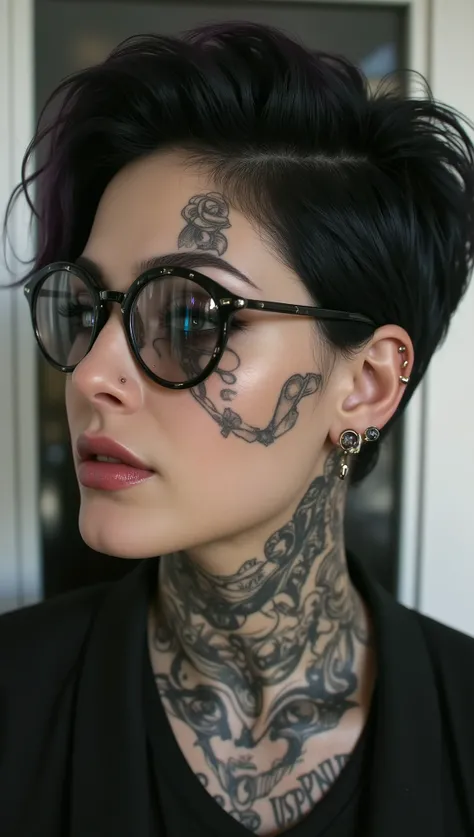 ((centered image, a close-up of a woman with tattoos on her neck and face , Beautiful face of a cyberpunk girl, great digital art with details, she wears glasses you can see the reflection in the glasses of the glasses :1.5)), digital art. highly detail...
