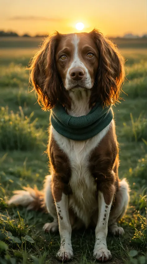 smiling (springer spaniel dog) sitting in a dark green scarf. Set against a field of grass with rolling hills in the background. springer_spaniel, dog, looking at viewer, head tilt, thick tail, (brown fur), tall, paws, sunset, warm lighting, dynamic angle,...