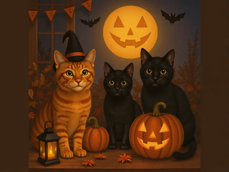 A warm, inviting Halloween illustration featuring three adorable cats — one orange tabby with a whimsical witch hat and two sleek black cats — sitting together on a rustic wooden porch. Surrounded by glowing carved pumpkins, autumn leaves, and a softly glo...