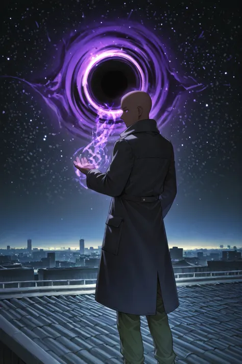 {1men}:(a dark-skinned boy, purple eyes, with an aura of stars looking like constellations, wearing a black coat and cargo pants, holding a black hole in his right hand, as if it were a power, while the other is in his pocket), (rooftop of a building, soft...