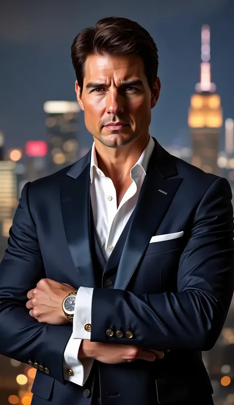 Tom Cruise, upper body close-up, luxurious multimillionaire aesthetic, wearing an impeccably tailored navy-blue tuxedo with subtle satin lapels, white silk shirt slightly unbuttoned, gold cufflinks, sleek modern haircut, intense and confident gaze, cinemat...