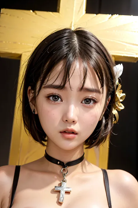 photorealistic,（face close-up）、（Draw only the face）、face close-up、（face close-up）、（portrait写真）、 （woman crucified on a cross）、（woman fixed to a cross）、（unable to move）、long face、(Highest Quality, high definition from people, masterpiece:1.2), （portrait）、 re...