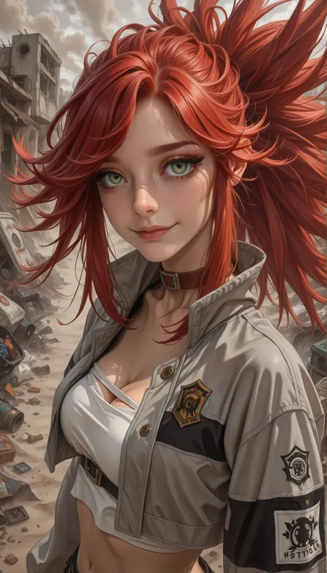 masterpiece, best quality,
1girl, solo, light smile,ponytail, spiked hair, long hair, red hair, green eyes,brown choker, cropped jacket, grey jacket, white tube top, cleavage, small breasts,, long sleeves, sleeves past wrists, armband, looking at viewer, f...