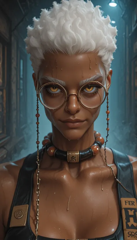 1woman, solo, lazypos, round glasses,Her glasses are connected by a beaded chain to her collar, manga-style, sweating, dark-skinned, Semiu Grier,fierce gaze, medium breasts, tight outfit emphasizing her athletic build, dark skin, light smile, white curls t...