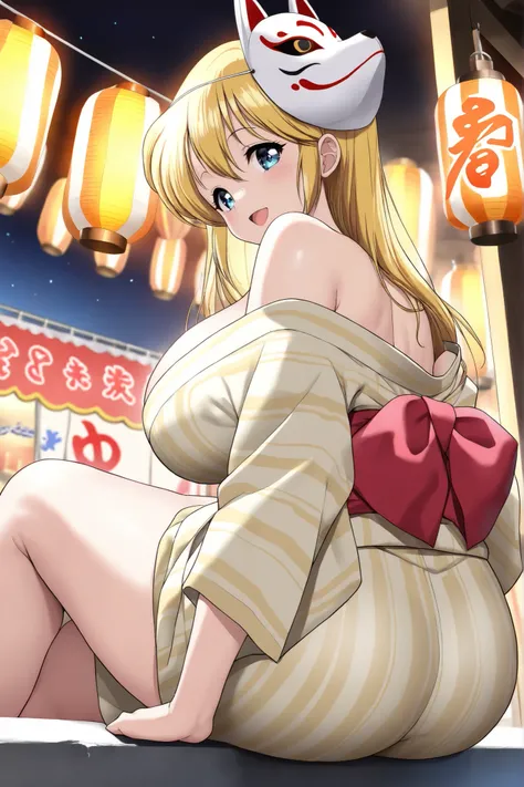 (masterpiece,Highest Quality:1.4),,,Beautiful Shadows, Sensei Luna,Long blonde,( OFFICIAL ART) ,runa,[Huge Chest,smile,solo,curvy,detailed skins,Heavy 、Festival、Bon Odori、 yellow yukata、I'm wearing a fox mask on my head、has an open mouth、I'm scooping goldf...