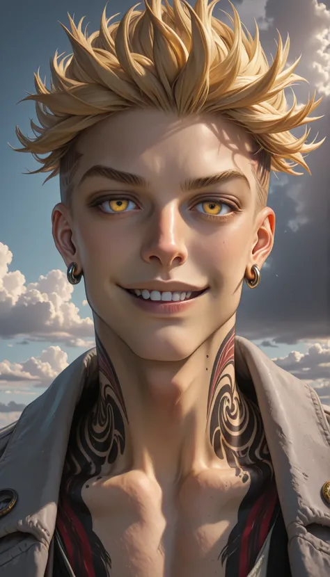 masterpiece, best quality, absurdres, enjin_gachiakuta, 1boy, male focus, solo, tattoo, jewelry, blonde hair, neck tattoo, earrings, yellow eyes, jacket, smile, open mouth, collarbone, short hair, teeth, cloud, sky, portrait, undercut, cloudy sky, spiked h...